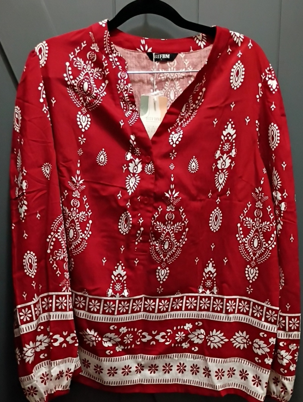 Bifbm Red Printed V-Neck Tunic Top
